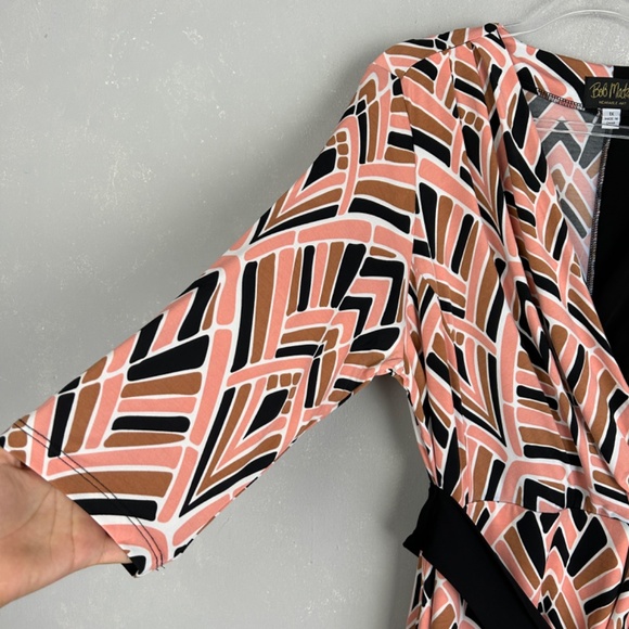 Bob Mackie plus size 1X faux wrap dress 3/4 sleeve stretch knit black geometric - Picture 3 of 14